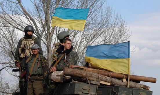 Ukrainian flag and men