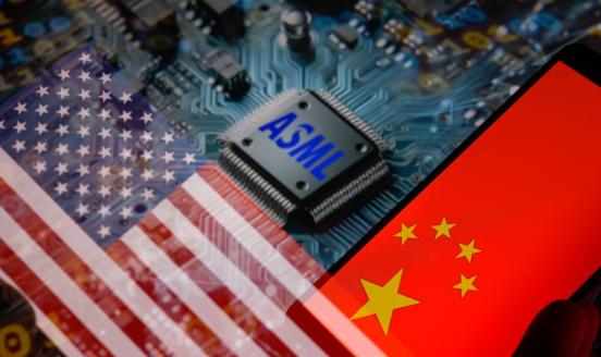 An ASML icon is being displayed on a circuit board, alongside the flags of the USA and China, in this photo illustration taken in Brussels, Belgium, on January 4, 2024. (Photo by Jonathan Raa/NurPhoto via Getty Images)