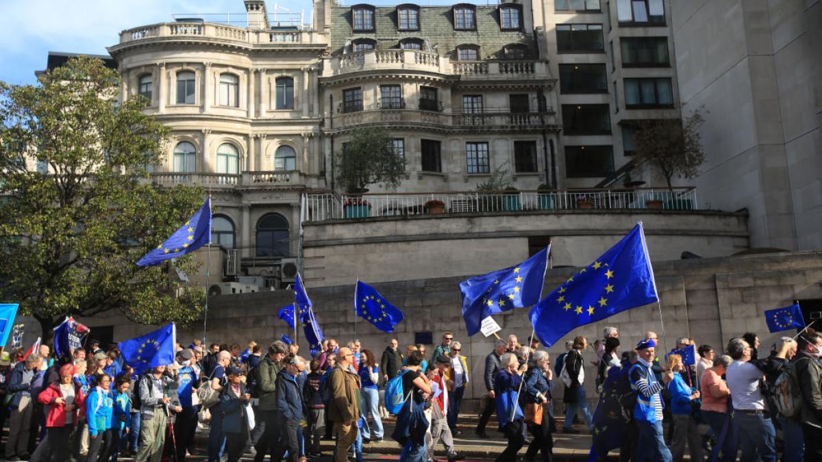 A picture of people walking with EU flags 