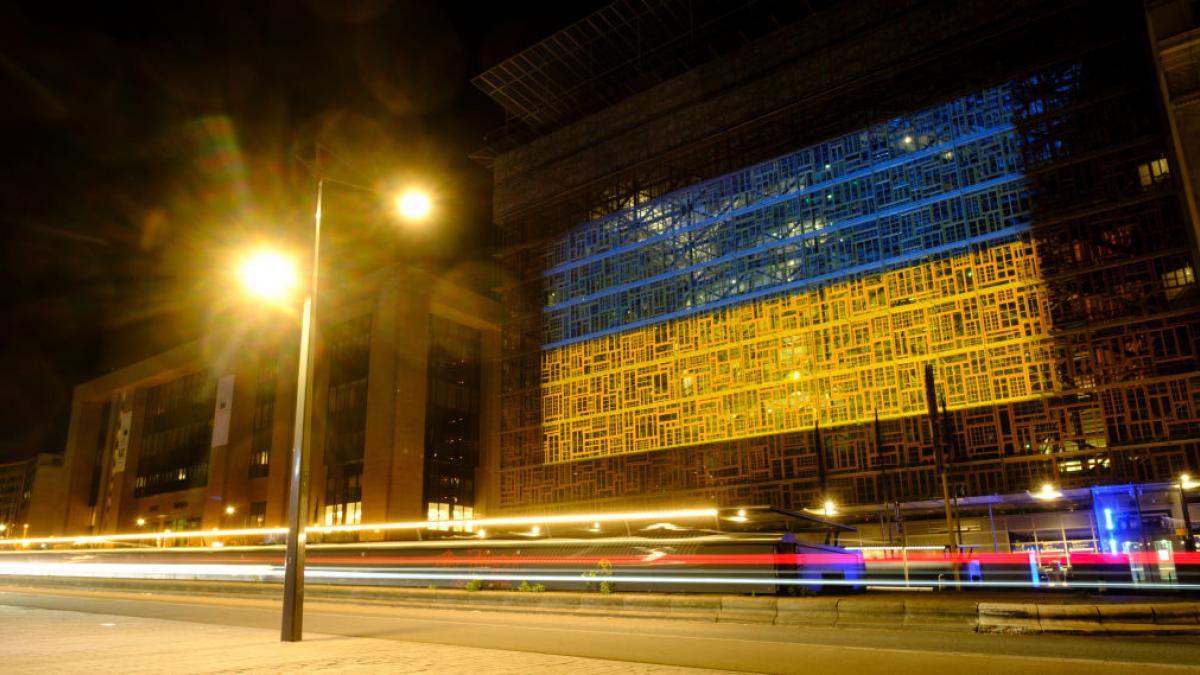  EU Council headquarter, is lighted in Blue and Yellow, the colors of the Ukrainan Flag