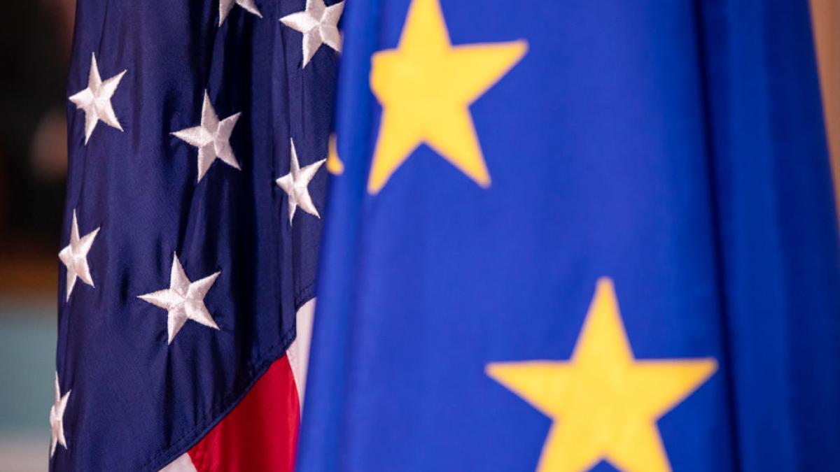 Detail of united states and european union flags