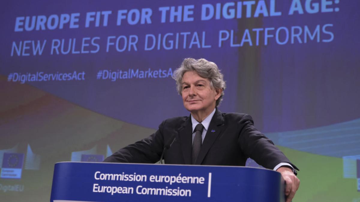  European Commissioner for Internal Market Thierry Breton hold a press conference on digital service act and digital markets act