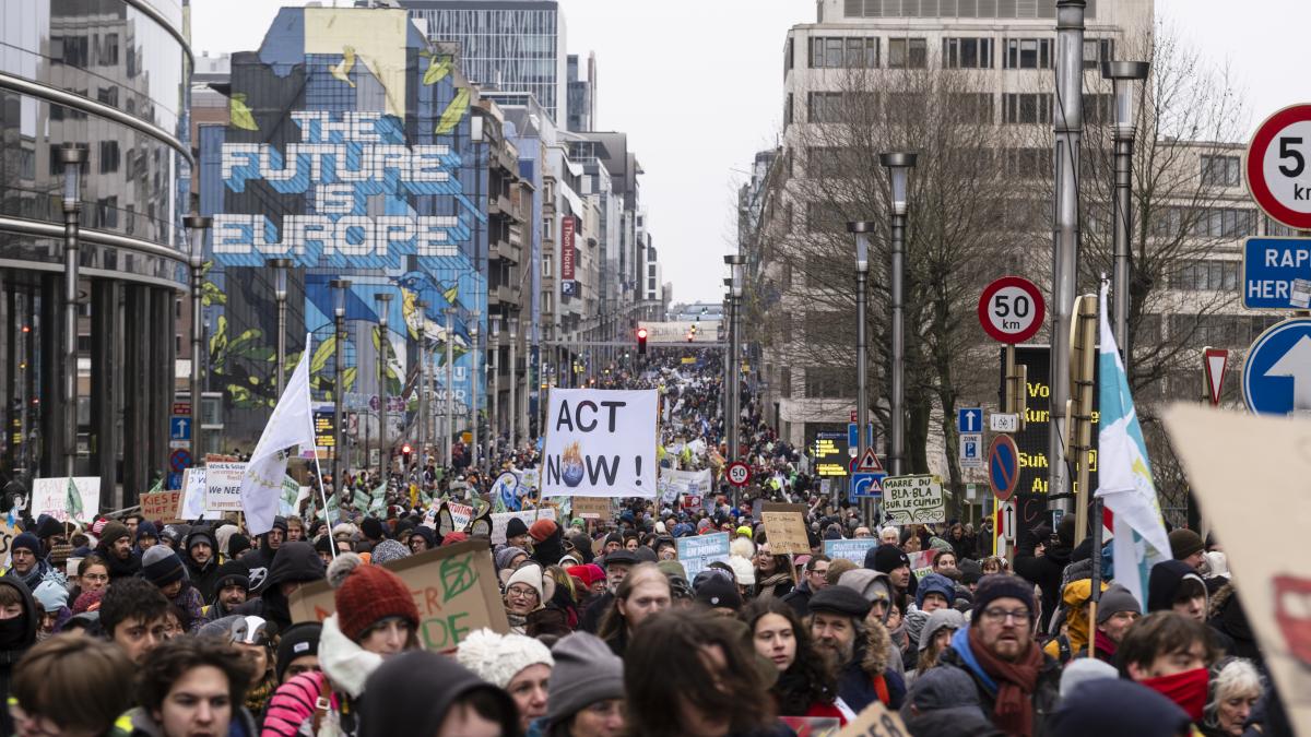 Around 20,000 peoples walk for climate action in the streets of Brussels on December 3, 2023 in Brussels, Belgium.