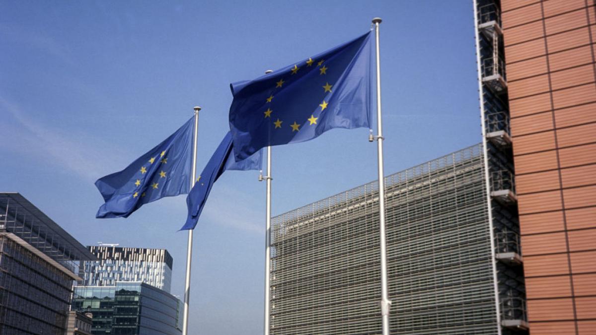 EU Flags raise in front of the EU Commission headquarter on May 10, 2024 in Brussels, Belgium. The Berlaymont building is the headquarters of the European Commission, in Brussels, it houses the offices of the President of the European Commission and the twenty-seven European Commissioners. (Photo by Thierry Monasse/Getty Images)