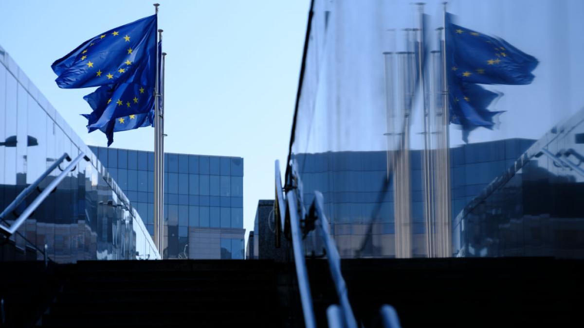 EU flags fly in front of the Berlaymont, the EU Commission headquarter on February 17, 2025 in Brussels, Belgium. Today, the Commission has launched a call for evidence, inviting all interested stakeholders to contribute to the future EU Startup and Scaleup Strategy. The Berlaymont, a large cross-shaped building, is the headquarters of the European Commission. (Photo by Thierry Monasse/Getty Images)