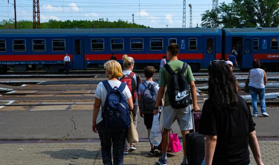 People are seen at a train station as Ukrainians, staying in the refugee centers, continue their journey to different cities in Europe after arriving by train in Zahony, Hungary on September 07, 2022.