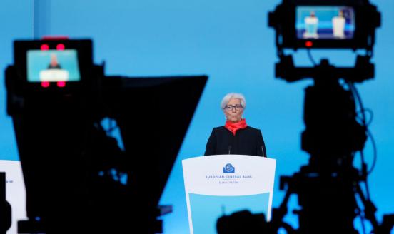  President Christine Lagarde speaks during a press conference 