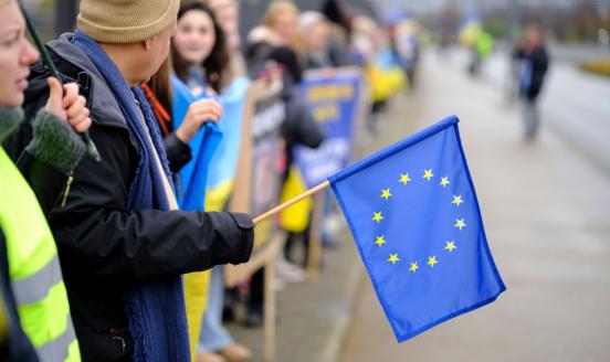Photo of crowd and man holding EU flag