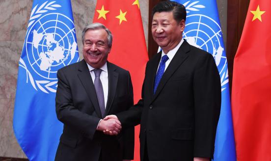 UN Secretary-General Antonio Guterres (L) shakes hands with Chinese President Xi Jinping during their meeting at the Great Hall of the People on April 8, 2018 in Beijing, China.