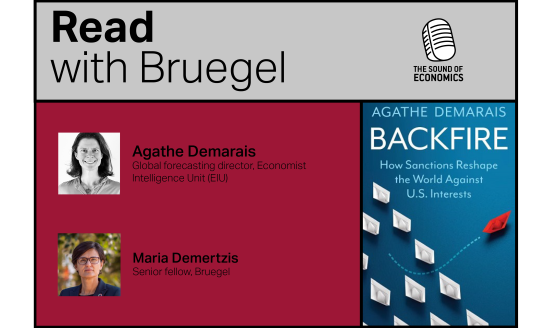 Pictures of Maria Demertzis and Agathe Demarais, as well as the cover of Agathe's book titled 'Backfire: How Sanctions Reshape the World Against U.S. Interests'