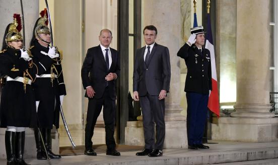 PARIS, FRANCE - FEBRUARY 08: President Emmanuel Macron greets the press with German Chancellor Olaf Scholz before their meeting with Ukrainian President Volodymyr Zelensky at the Elysee Palace on February 08, 2023 in Paris, France. During his second trip outside Ukraine and after his speech at the UK Parliament, Volodymyr Zelensky is in France to meet French President Emmanuel Macron and Chancellor Olaf Sholz in Paris. (Photo by Aurelien Meunier/Getty Images)