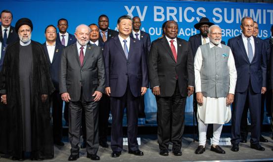 JOHANNESBURG, SOUTH AFRICA - AUGUST 24: South African President Cyril Ramaphosa with fellow BRICS leaders President of Brazil Luiz Inacio Lula da Silva, President of China Xi Jinping, Prime Minister of India Narendra Modi, and Russia's Foreign Minister Sergei Lavrov pose for a family photo, with delegates including six nations invited to join the BRICS group, Argentina, Egypt, Ethiopia, Iran, the United Arab Emirates and Saudi Arabia, during the closing day of The BRICS summit at the Sandton Convention Cent