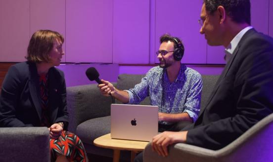 Sharon Donnery, Giuseppe Porcaro and Nicolas Veron recording at Bruegel Annual Meetings 2023.