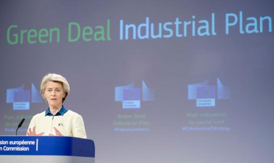 EU Commission's President Ursula von der Leyen talks to media