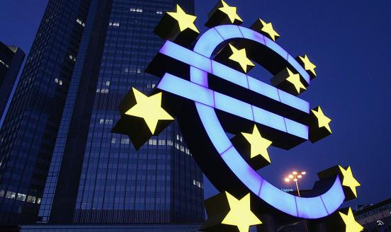 A huge euro logo is seen in front of the headquarters of the European Central Bank
