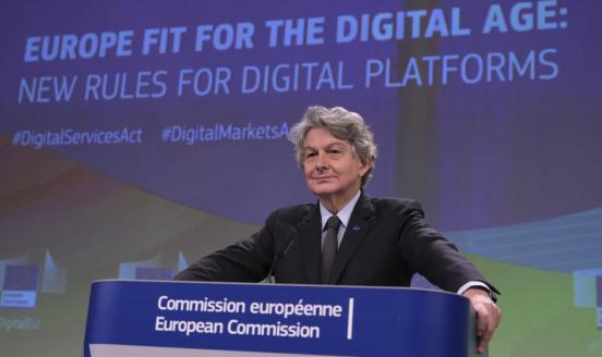  European Commissioner for Internal Market Thierry Breton hold a press conference on digital service act and digital markets act