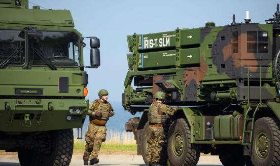 Soldiers put the IRIS-T SLM air defence system into operation