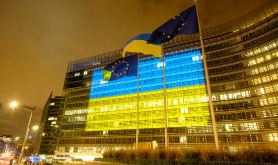 European Commission project an Ukrainian flag on the front of the Berlaymont, the EU Commission headquarter for the 1000 days of the large scale invasion of Ukraine by Russia on November 18, 2024 in Brussels, Belgium. (Photo by Thierry Monasse/Getty Images)