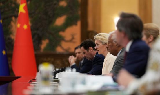 European Commission President Ursula von der Leyen, speaks during opening remarks with the Chinese Premier Li Qiang during EU-China summit at Great Hall of People on July 24, 2025 in Beijing, China. (Photo by Mahesh Kumar A. - Pool/Getty Images)