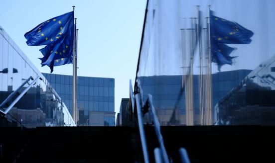 EU flags fly in front of the Berlaymont, the EU Commission headquarter on February 17, 2025 in Brussels, Belgium. Today, the Commission has launched a call for evidence, inviting all interested stakeholders to contribute to the future EU Startup and Scaleup Strategy. The Berlaymont, a large cross-shaped building, is the headquarters of the European Commission. (Photo by Thierry Monasse/Getty Images)