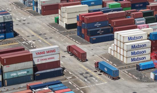 Containers stack at Shanghai Port Container Terminal in Shanghai, China, on September 8, 2025. (Photo by Costfoto/NurPhoto via Getty Images)