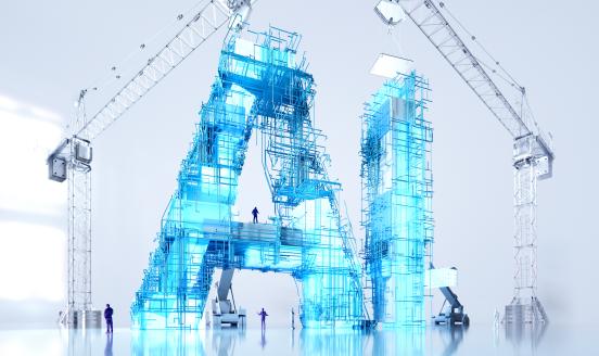 The words AI surrounded by building cranes